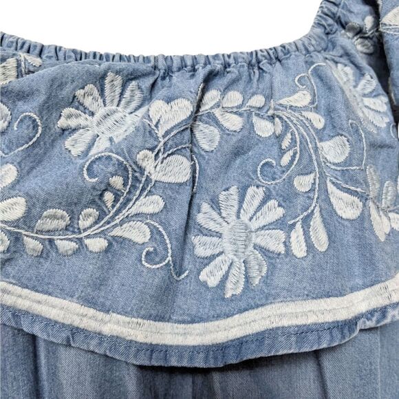 REBECCA MINKOFF Dev Off Shoulder Chambray Lyocell Embroidered Dress M - Picture 3 of 8